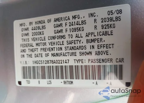 2008 Honda Accord 2.4 Ex-L z USA, uszkodzony, nr VIN 1HGCS12878A022147